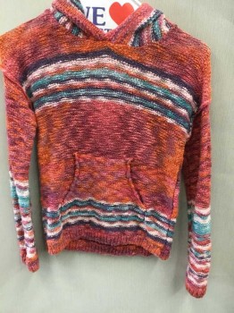 PEEK , Multi-color, Cotton, Stripes - Horizontal , Girls Multicolored Hethered, L/S, Hooded 1 Kangaroo Pocket