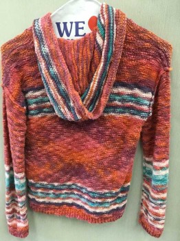 PEEK , Multi-color, Cotton, Stripes - Horizontal , Girls Multicolored Hethered, L/S, Hooded 1 Kangaroo Pocket