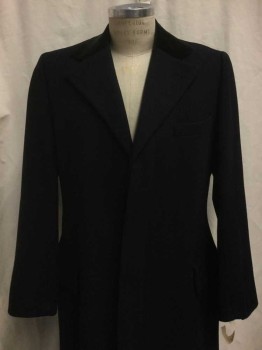 Mens, Coat 1890s-1910s, MTO, Navy Blue, Black, Wool, Synthetic, Solid, 40, Black Velvet Collar Attached, Notched Lapel, 3 Pockets,