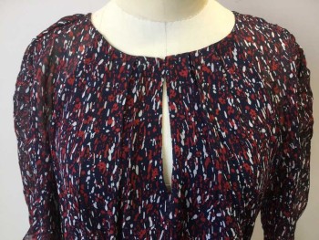 JOIE, Navy Blue, Dk Red, White, Polyester, Abstract , Navy W/dark Red, White Abstract Print, Round W/split W/hook & Eye, Tiny Elastic on Shoulder & Top Short Sleeves, Elastic Wait, Small Diagonal Elastic Work on Skirt, Flair/diagonal Uneven Hem,  Pullover