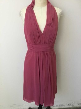 WATTERS & WATTERS, Raspberry Pink, Polyester, Solid, Dusty Raspberry Sheer, Gather Plunge V-neck, & Waistband,Sleeveless, 4 Self Cover Button Back @ Neck (1 Missing Button), Zip Back,