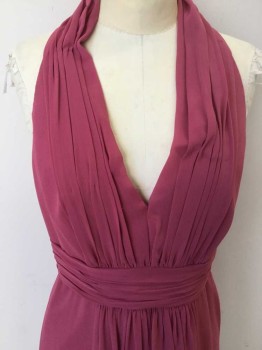 WATTERS & WATTERS, Raspberry Pink, Polyester, Solid, Dusty Raspberry Sheer, Gather Plunge V-neck, & Waistband,Sleeveless, 4 Self Cover Button Back @ Neck (1 Missing Button), Zip Back,