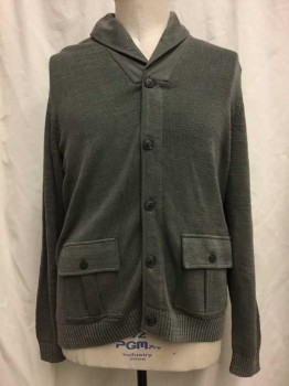 LUCKY BRAND, Olive Green, Cotton, Solid, Olive Green, Cardigan, Collar Attached, 2 Flap Pockets