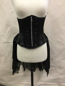 N/L, Black, Polyester, Solid, Black Zip Front Corset with Lace Up Back, Also Assorted Layers of Ruffled Fabric Tail...