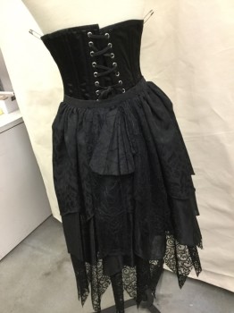 Womens, Historical Fiction Corset, N/L, Black, Polyester, Solid, W 26, Black Zip Front Corset with Lace Up Back, Also Assorted Layers of Ruffled Fabric Tail...