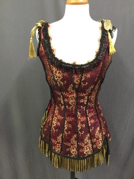 Womens, Historical Fiction Bodice, FRONTLINE, Red, Black, Gold, Silk, Beaded, Floral, 23W, 34B, 34H, Scoop Neck, Scoop Back, Side Zip, Lacing/Ties Center Back, Piped, No Boning, Asymmetrical Bow Back, Fringed,
