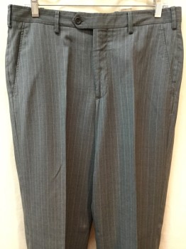 BROOKS BROTHERS, Lt Gray, Lt Blue, Wool, Stripes - Vertical , Flat Front, Zip Front, Button Tab, 4 Pockets,