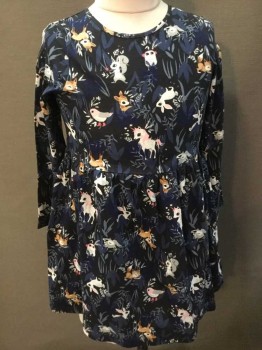 Childrens, Dress, H&M, Black, Midnight Blue, White, Tan Brown, Brown, Cotton, Polyester, Novelty Pattern, Animal Print, 4-6, Long Sleeves, Round Neck,  Magical Woodland Creatures, Unicorns, Dear, Owls, Squirrel, Bunny, Fox
