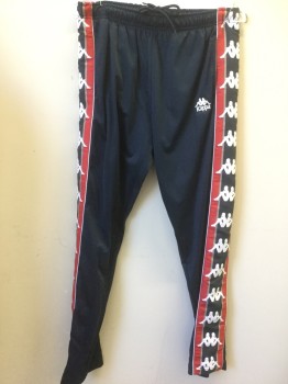 Mens, Sweatsuit Pants, KAPPA, Navy Blue, Red, White, Nylon, Solid, Novelty Pattern, Large, Pant. 2 Pockets, Draw String, Beige Silhouettes at Sides.