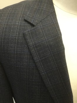 HUGO BOSS, Navy Blue, Blue, Brown, Silk, Wool, Check , Single Breasted, Collar Attached, Notched Lapel, 3 Pockets, 2 Buttons