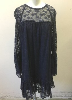 MICHAEL KORS, Navy Blue, Nylon, Spandex, Floral, Lace Net with Floral Pattern Over Opaque Underlayer, Long Sleeves, Sheer Neck/Shoulders, Gathered Across Overbust, Shift Dress, Ruffle at Hem & Cuffs, Hem Above Knee