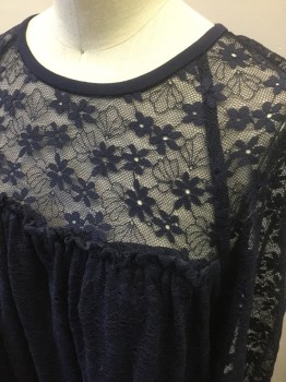 MICHAEL KORS, Navy Blue, Nylon, Spandex, Floral, Lace Net with Floral Pattern Over Opaque Underlayer, Long Sleeves, Sheer Neck/Shoulders, Gathered Across Overbust, Shift Dress, Ruffle at Hem & Cuffs, Hem Above Knee