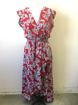 SPLENDID, Red, White, Navy Blue, Rayon, Floral, Red with White and Navy Illustrated Floral Pattern Crepe, Cap Sleeves, Wrapped V-neck, Elastic Waist, Faux Wrapped Detail at Waist/Skirt, High/Low Hemline, Lowest Point is Ankle Length, **2 Piece with Matching Self Fabric Sash BELT