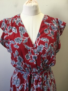 SPLENDID, Red, White, Navy Blue, Rayon, Floral, Red with White and Navy Illustrated Floral Pattern Crepe, Cap Sleeves, Wrapped V-neck, Elastic Waist, Faux Wrapped Detail at Waist/Skirt, High/Low Hemline, Lowest Point is Ankle Length, **2 Piece with Matching Self Fabric Sash BELT