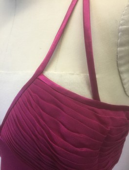 MORRELL MAXIE, Magenta Pink, Silk, Polyester, Solid, Chiffon Over Opaque Under-Layer, Finely Pleated Detail at Bust, Spaghetti Straps That Cross in Back, with Triangular Detail at Front, V-neck, Empire Waist, Bias Cut, Floor Length
