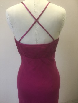 MORRELL MAXIE, Magenta Pink, Silk, Polyester, Solid, Chiffon Over Opaque Under-Layer, Finely Pleated Detail at Bust, Spaghetti Straps That Cross in Back, with Triangular Detail at Front, V-neck, Empire Waist, Bias Cut, Floor Length