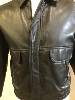 GA (Made In Italy), Black, Leather, Solid, Black with Black Diamond Quilt Lining, Collar Attached, Zip Front, & Snap Front, 2 Pockets with Fake Flap, Elastic Gathered Hem Back & Side