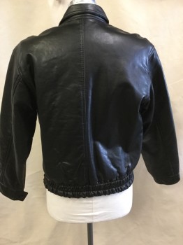 GA (Made In Italy), Black, Leather, Solid, Black with Black Diamond Quilt Lining, Collar Attached, Zip Front, & Snap Front, 2 Pockets with Fake Flap, Elastic Gathered Hem Back & Side