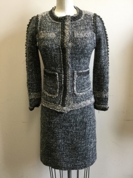 REBECCA TAYLOR, Black, White, Dk Gray, Acrylic, Wool, Tweed, Boucle, Appears Gray, Snap Front, Raw Edges, 2 Pockets, 2 Faux Pockets, Dark Gray Wavy Trim on Shoulder/Collar/down Front/lower Pockets, 3/4 Sleeve