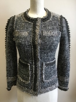 REBECCA TAYLOR, Black, White, Dk Gray, Acrylic, Wool, Tweed, Boucle, Appears Gray, Snap Front, Raw Edges, 2 Pockets, 2 Faux Pockets, Dark Gray Wavy Trim on Shoulder/Collar/down Front/lower Pockets, 3/4 Sleeve