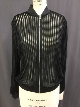 ZARA, Black, Polyester, Solid, Stripes, Bomber, Sheer with Pleated Ribbon Stripes, Elastic Collar/cuff and Waistband, Zip Front,