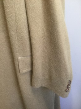 Mens, Coat, N/L , Camel Brown, Brown, Wool, Solid, 54L, Faux Fox Fur Shawl Collar, Single Breasted, 3 Button Front, 2 Pockets, Lining is Gold Ornate Patterned Brocade, Made To Order