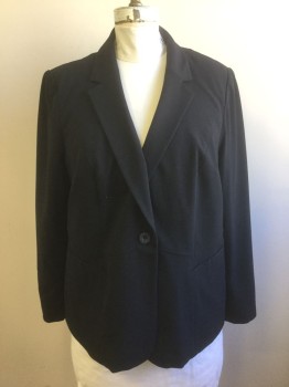 LANE BRYANT, Black, Polyester, Rayon, Solid, Single Breasted, Notched Lapel, 1 Button, 2 Welt Pockets, Seam at Waist, Lining is White with Gray Pinstripes