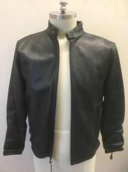 N/L, Black, Leather, Solid, Zip Front, Stand Collar, 2 Zip Pockets, Zippers at Cuffs and Side Waist