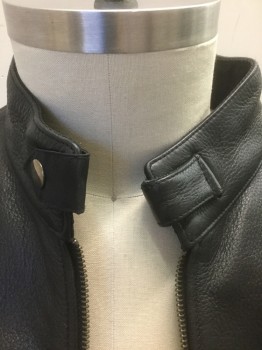 N/L, Black, Leather, Solid, Zip Front, Stand Collar, 2 Zip Pockets, Zippers at Cuffs and Side Waist