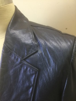 Mens, Coat, Leather, LORDS, Midnight Blue, Metallic, Leather, Solid, 42, Single Breasted, Wide Notched Lapel, 1 Button, 3 Pockets, Green Brocade Lining, Above Knee Length