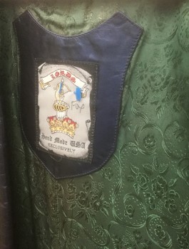 Mens, Coat, Leather, LORDS, Midnight Blue, Metallic, Leather, Solid, 42, Single Breasted, Wide Notched Lapel, 1 Button, 3 Pockets, Green Brocade Lining, Above Knee Length