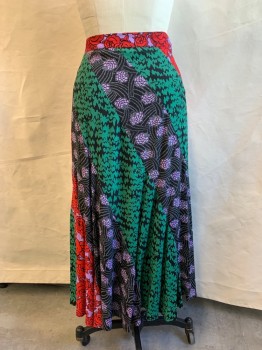 MAEVE, Black, Red, Green, Purple, White, Rayon, Floral, Abstract , Zip Side, Asymmetric Panel Detail