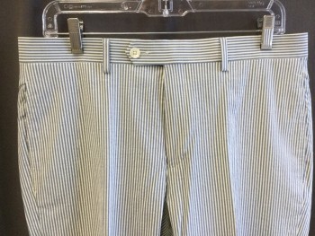 RALPH LAUREN, White, Slate Blue, Cotton, Spandex, Stripes - Vertical , 2nd PANTS:  1.5" Waistband with Belt Hoops, Flat Front, Zip Front, 4 Pockets