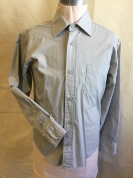 IZOD, Lt Gray, Cotton, Polyester, Solid, Boys, Collar Attached, Button Front, 1 Pocket, Long Sleeves, Curved Hem