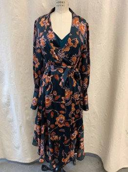 Womens, Dress, 2 Pieces, BCBG, Teal Green, Burnt Orange, White, Navy Blue, Polyester, Spandex, Floral, M, 2 Piece with Teal-Green Solid Slip, Wrap Around Dress, Self Belt, V-neck, Long Sleeves, Buttons on Cuffs