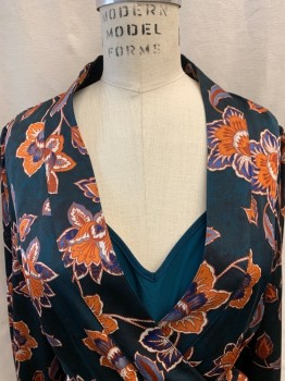 Womens, Dress, 2 Pieces, BCBG, Teal Green, Burnt Orange, White, Navy Blue, Polyester, Spandex, Floral, M, 2 Piece with Teal-Green Solid Slip, Wrap Around Dress, Self Belt, V-neck, Long Sleeves, Buttons on Cuffs