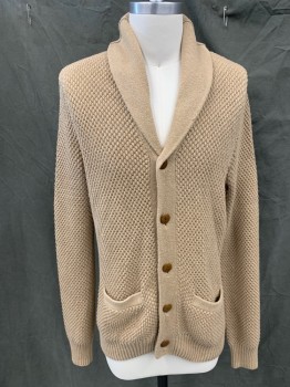 J. CREW, Camel Brown, Cotton, Solid, Textured Knit, Shawl Collar, Ribbed Knit Back Collar, 2 Pockets, Ribbed Knit Waistband/Cuff