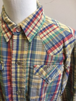 RALPH LAUREN, Tan Brown, Yellow, Red, Navy Blue, Green, Cotton, Plaid, Western Style, Snap Front, Western Yoke, Collar Attached, Long Sleeves, Snap Cuffs