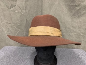 Mens, Historical Fiction Hat , N/L, Dk Brown, Dusty Brown, Wool, Solid, 7 1/2, Round Crown, Flat Wide Brim, Dusty Brown Leather Hat Band Over a Faille Hat Band, 1600's