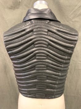 Womens, Sci-Fi/Fantasy Vest, MTO, Black, Leather, Solid, M, Off Center Zip Front, Oversized Collar with Snap Closure, Padded Horizontal Ribbing Back and Side Panels