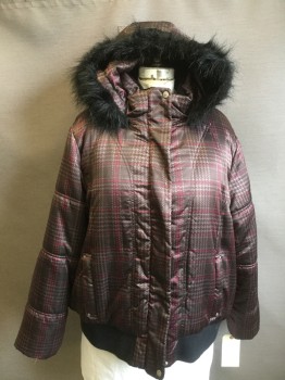 Womens, Coat, Winter, ZERO XPOSURE, Brown, Red, Dk Beige, Polyester, Plaid, 3X, Zip Front with Snaps, Removable Hood with Faux Fur Trim, 2 Pockets, 1 Pocket on Left Sleeve