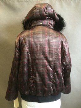 Womens, Coat, Winter, ZERO XPOSURE, Brown, Red, Dk Beige, Polyester, Plaid, 3X, Zip Front with Snaps, Removable Hood with Faux Fur Trim, 2 Pockets, 1 Pocket on Left Sleeve