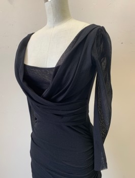 FUZZI, Black, Polyester, Spandex, Solid, Stretchy Mesh, 3/4 Sheer Sleeves, Draped Surplice Neckline with Scoop Neck Underneath, Ruched at Side Seams, Form Fitting, Knee Length