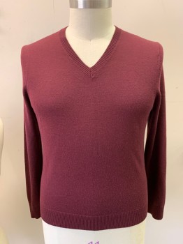 Mens, Pullover Sweater, BANANA REPUBLIC, Red Burgundy, Wool, Solid, L, Long Sleeves, V-neck, Rib Knit Collar Cuffs and Waistband