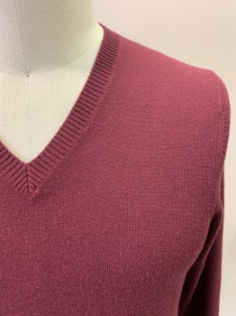 Mens, Pullover Sweater, BANANA REPUBLIC, Red Burgundy, Wool, Solid, L, Long Sleeves, V-neck, Rib Knit Collar Cuffs and Waistband