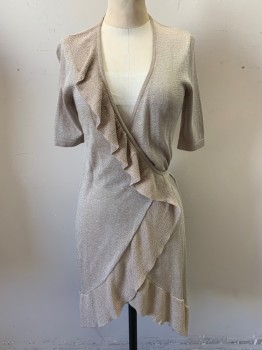 BCBG MAX AZRIA, Beige, Silver, Poly/Cotton, Silk, 2 Color Weave, Wrap Around Dress, V-neck, 3/4 Sleeves, Waterfall Ruffle Diagonally on Front, Ruffle Hem, High Low Hem