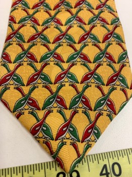 E. ZEGNA, Goldenrod Yellow, Dk Red, Green, Cream, Silk, Birds or Geese Pattern, Four in Hand