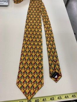 Mens, Tie, E. ZEGNA, Goldenrod Yellow, Dk Red, Green, Cream, Silk, O/S, Birds or Geese Pattern, Four in Hand