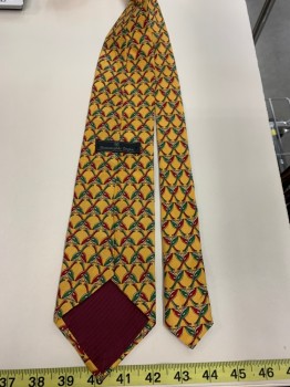 Mens, Tie, E. ZEGNA, Goldenrod Yellow, Dk Red, Green, Cream, Silk, O/S, Birds or Geese Pattern, Four in Hand