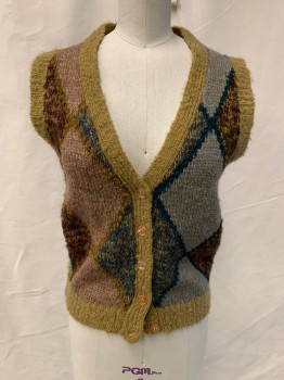 Womens, Vest, CHEGO, Sienna Brown, Blue-Gray, Acrylic, Nylon, Argyle, Heathered, B32, Button Front, 5 Clear Orange Plastic Buttons,